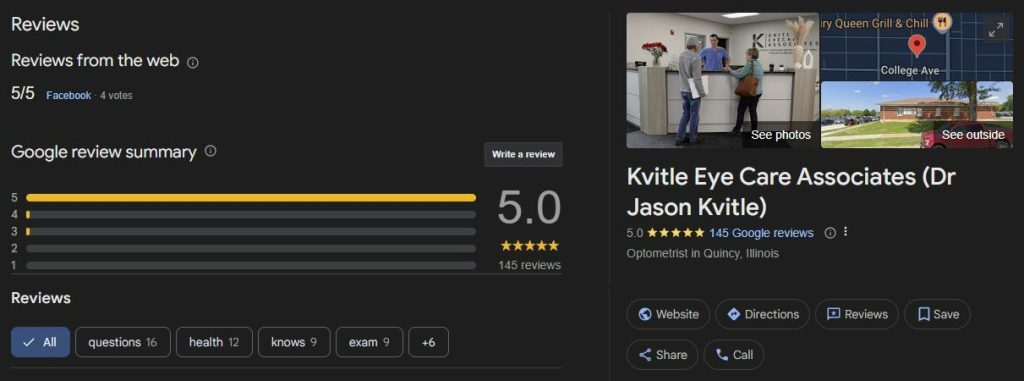 Screenshot of Google my Business page for Kvitle Eye Care