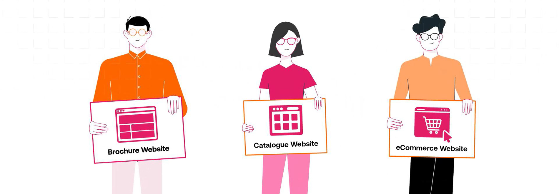 Illustration of three people each holding a sign representing different types of websites. From left to right: a man in an orange shirt holding a sign labeled 'Brochure Website' with a basic webpage icon; a woman in pink holding a sign labeled 'Catalogue Website' with a grid layout icon; and a man in an orange top holding a sign labeled 'eCommerce Website' with a shopping cart icon.