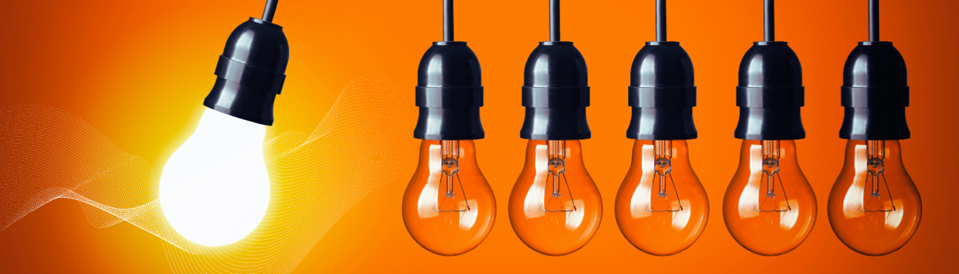Banner for AI in vision care clinical lecture showing five light bulbs on an orange background, with one glowing brightly to symbolize innovation and new ideas.