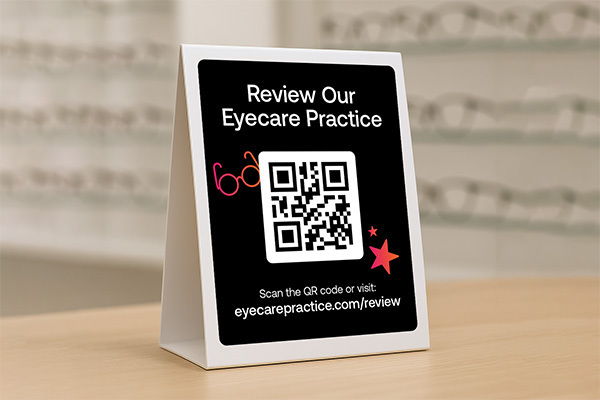Tabletop sign in an optical store reading “Review Our Eyecare Practice” with a large QR code and URL eyecarepractice.com/review.