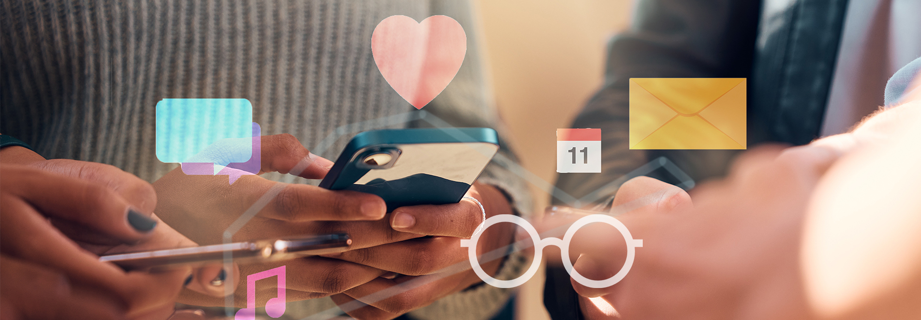 Close-up of people using smartphones with digital icons overlaid, including a heart, chat bubble, calendar, envelope, and glasses, representing communication and engagement for optician social media marketing.